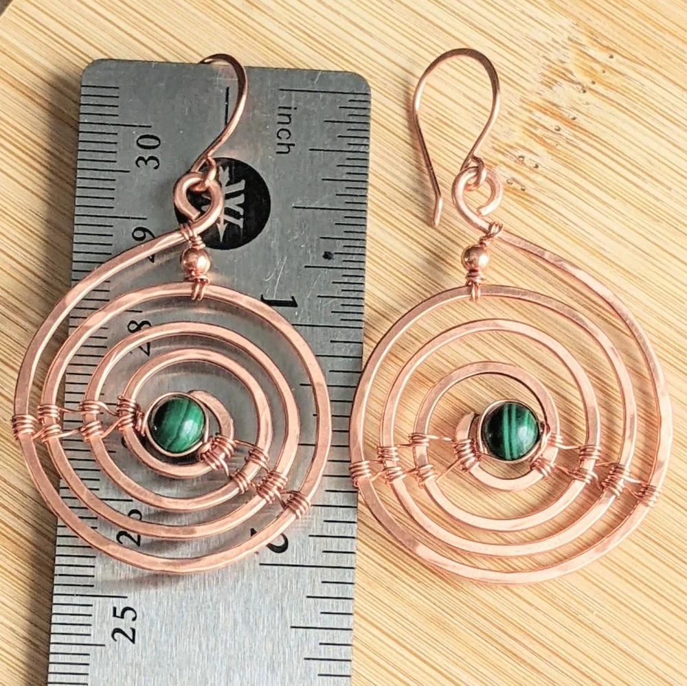 Industrial Urban Copper Spiral Earrings Natural Malachite Gems Earthy Bold - Picture 7 of 12
